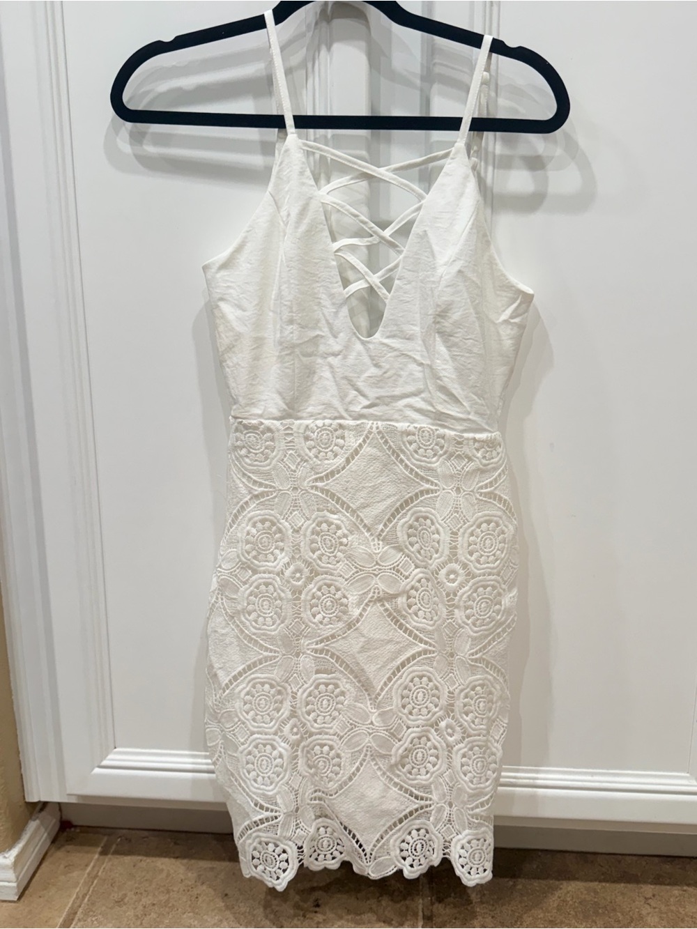 White Lace-Trim Crisscross V-Neck Dress